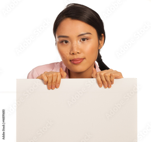 Photo: Beautiful Asian woman with a signboard Beautiful Asian woman with a signboard