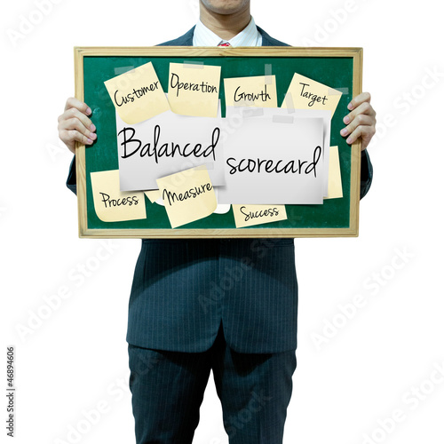 Illustration: Business man holding board on the background, Balanced Scorecard Business man holding board on the background, Balanced Scorecard