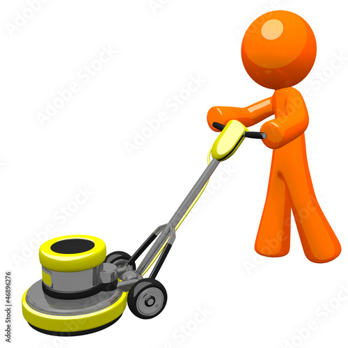Illustration: 3d Orange man with floor scrubber 3d Orange man with floor scrubber