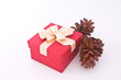 Photo: Christmas gift box and pine cones over white background. Christmas gift box and pine cones over white background.