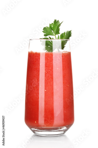 Photo: Glass of tomato juice isolated on white Glass of tomato juice isolated on white