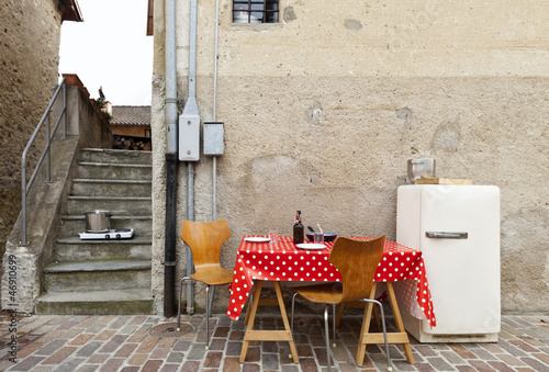 Photo: table set on the road to a village table set on the road to a village