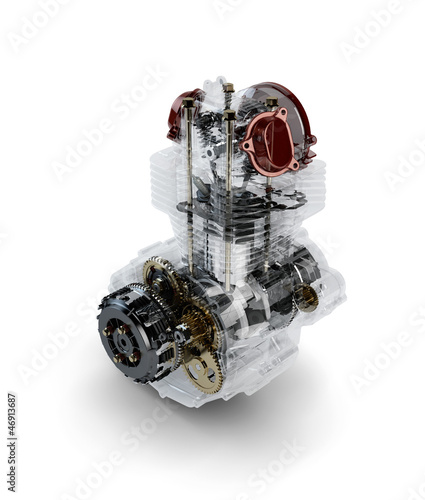 Illustration: Assembled motorcycle performance engine in transparent case isol Assembled motorcycle performance engine in transparent case isol