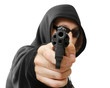 man  shoots a gun, gangster, focus on the gun, isolated on white