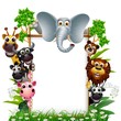 funny animal cartoon with blank sign and tropical forest