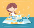 Girl sewing patchwork quilt