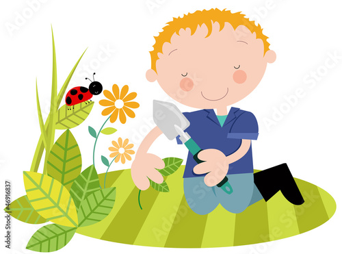 Vector: Man kneeling with plants in the garden-Spring/Summer Man kneeling with plants in the garden-Spring/Summer