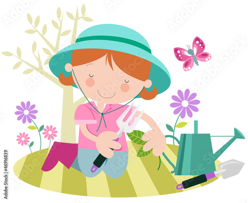 Vector: Girl or lady with plants in the garden-Spring/Summer Girl or lady with plants in the garden-Spring/Summer