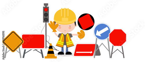Vector: Roadworks signs with man holding up hand to stop traffic Roadworks signs with man holding up hand to stop traffic