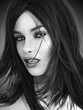 Female vampire, black and white image with colored blue eyes