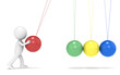 SEO.3D little human character with Newtons Cradle. Side view.