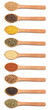 Collection of spices in wooden spoons