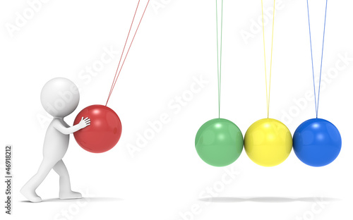 Illustration: SEO.3D little human character with Newtons Cradle. Side view. SEO.3D little human character with Newtons Cradle. Side view.