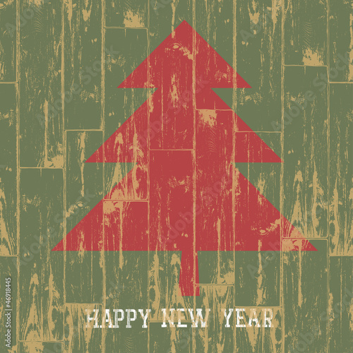 Vector: New year tree symbol with greetings on wooden planks texture. Ve New year tree symbol with greetings on wooden planks texture. Ve