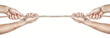 Two people are pulling a rope competing hands. On a white backgr