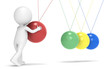 3D little human character with Newtons Cradle. Rear view.