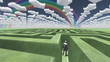 Illustration: Figure inside of maze with arrow clouds above Figure inside of maze with arrow clouds above