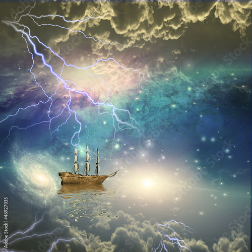 Illustration: Sailing ship sails through the stars Sailing ship sails through the stars