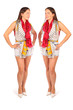 Two same women in studio on white background.