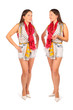 Two same women talk in studio on white background.