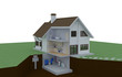 Schema Geotermia, pompe di calore, caldaia, rendering 3d