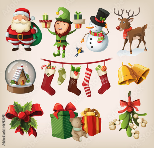 Vector: Set of colourful christmas characters and decorations Set of colourful christmas characters and decorations