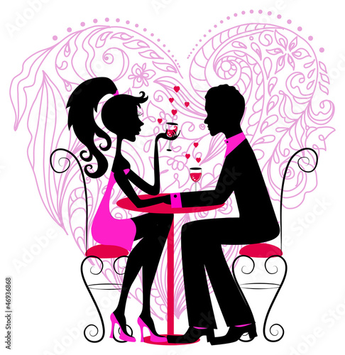 Vector: Silhouette of the romantic couple over floral heart Silhouette of the romantic couple over floral heart