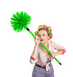 Funny housewife / girl with broom, isolated on white