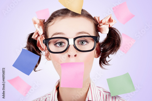 Photo: Business Womans Face Covered In Paper Reminders Business Womans Face Covered In Paper Reminders