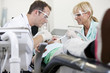 A male dentist and female dental nurse with a young patient