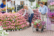 Man pushing the trolley while woman looking at flowers