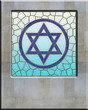 Jewish shield of David on stained glass window