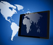 Ilustração: Tablet pc standing against dark blue background with world Tablet pc standing against dark blue background with world