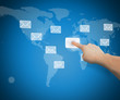 Ilustração: Hand selecting email from world map interface Hand selecting email from world map interface