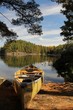 Canoe and calm lake.