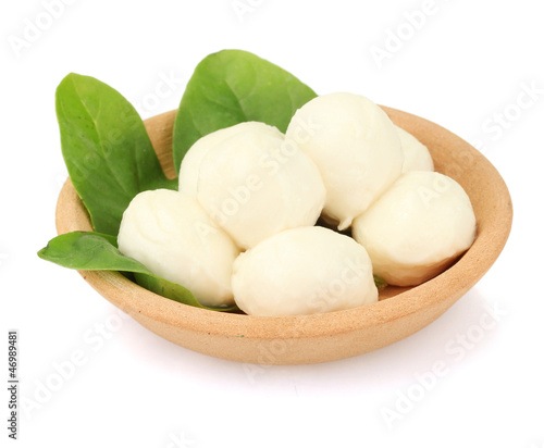 Photo: cheese mozzarella with green basil in the clay plate isolated cheese mozzarella with green basil in the clay plate isolated