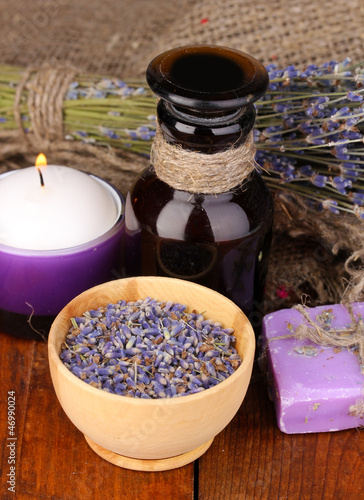 Photo: Lavender flowers and jar Lavender flowers and jar