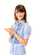 Portrait of young happy clapping business woman