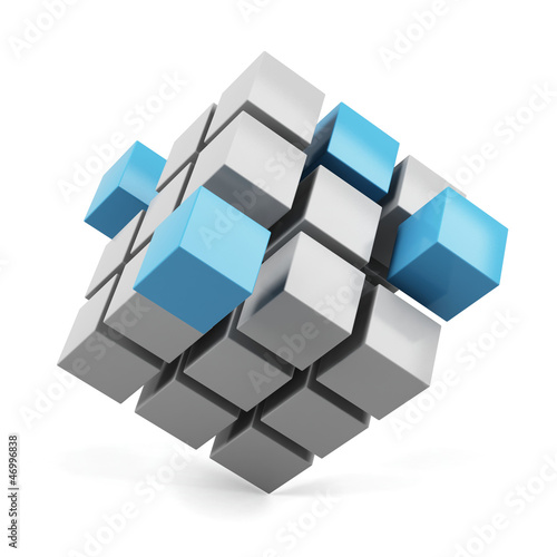 Illustration: abstract 3d illustration of cube assembling from blocks abstract 3d illustration of cube assembling from blocks