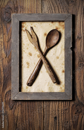 Photo: Fork and spoon wooden, framed Fork and spoon wooden, framed