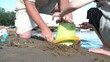 Father and Son Building Sand Castle at Beach