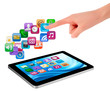 Vector: Hand holding touch pad pc and finger touching it's screen with i Hand holding touch pad pc and finger touching it's screen with i