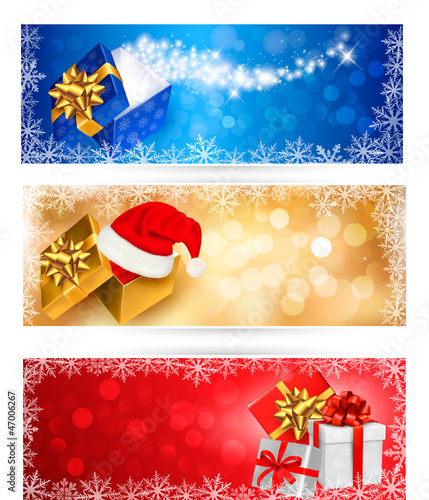 Vector: Three christmas banners with gift boxes and snowflakes. Vector i Three christmas banners with gift boxes and snowflakes. Vector i