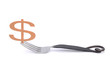 Photo: money symbol on a fork isolated on white background money symbol on a fork isolated on white background