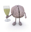 brain with arms and legs and glass of white wine