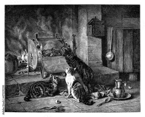 Illustration: 3 Cats near the chemney - a rural scene 3 Cats near the chemney - a rural scene