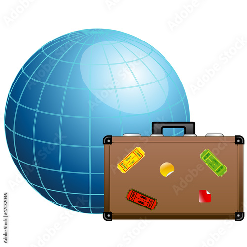 Vector: Travel concept. Blue globe and travel suitcase. Travel concept. Blue globe and travel suitcase.