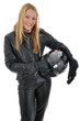 Junge Frau in Motorradkombi trägt Helm