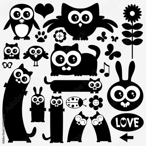 Vector: Black silhouettes of cute animals. Stickers design Black silhouettes of cute animals. Stickers design