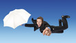 flying businessman with umbrella pointing finger